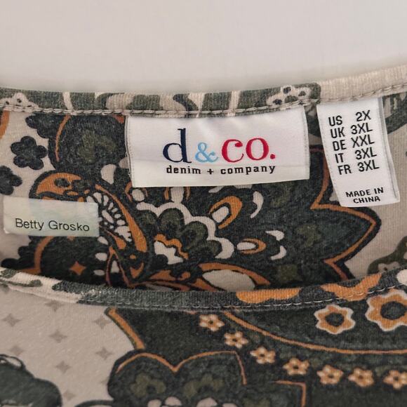 Denim & Co Paisley Floral Tee Womens Size 2X Green 3/4 Sleeve Knit Cotton Top - Picture 5 of 9